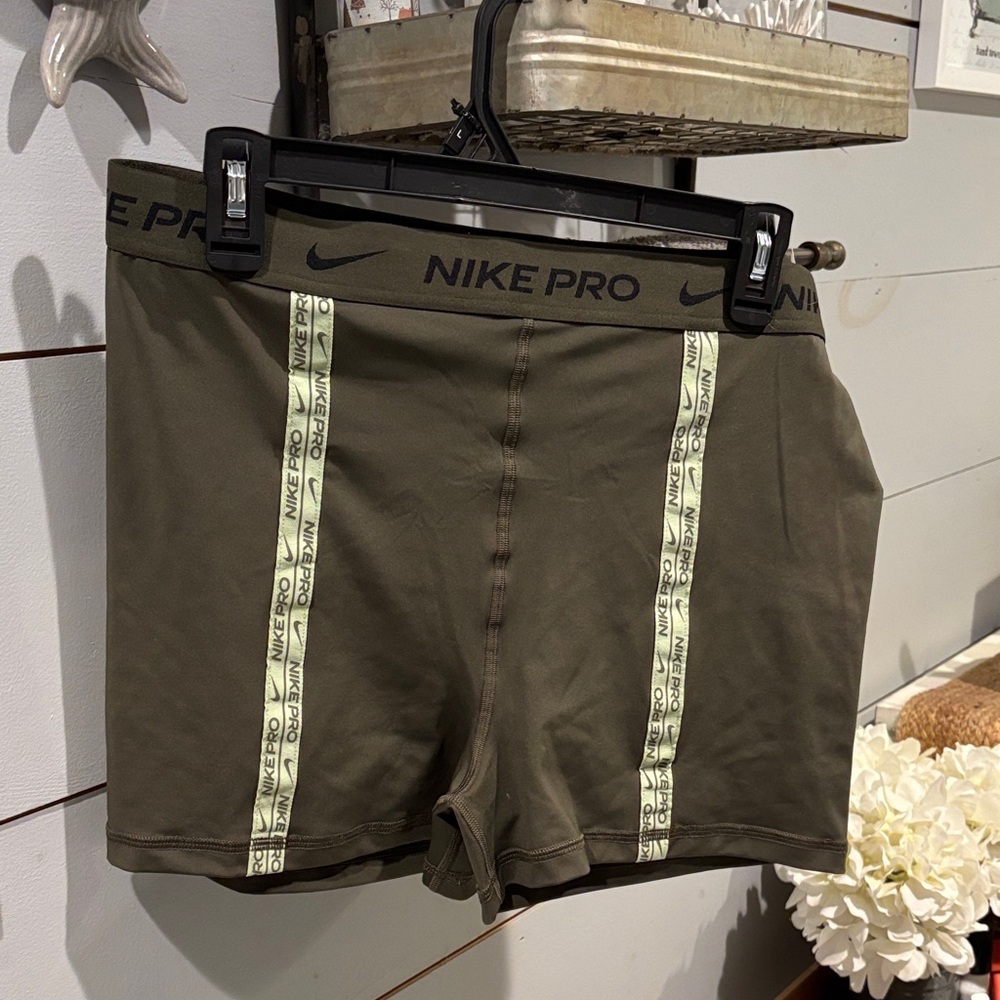 Nike Pro Dark Olive Shorts with Logo Stripes